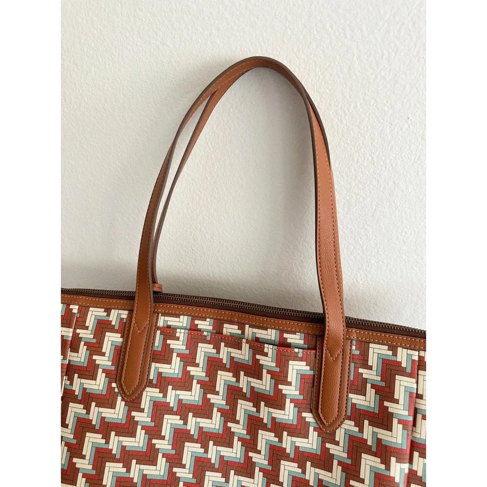 Fossil Sydney Signature Large Tote Bag Shoulder Purse Geometric Brown Top Handle